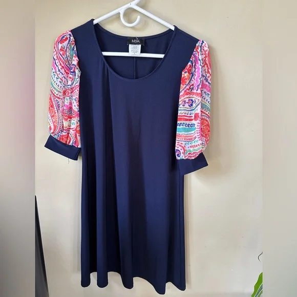MSK Navy Dress with Floral Puff Sleeves Size S - Picture 3 of 8